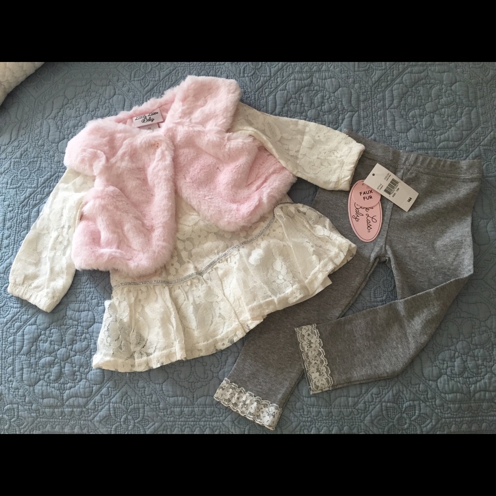 Little Lass Baby 3 pc faux fur and lace set 12m